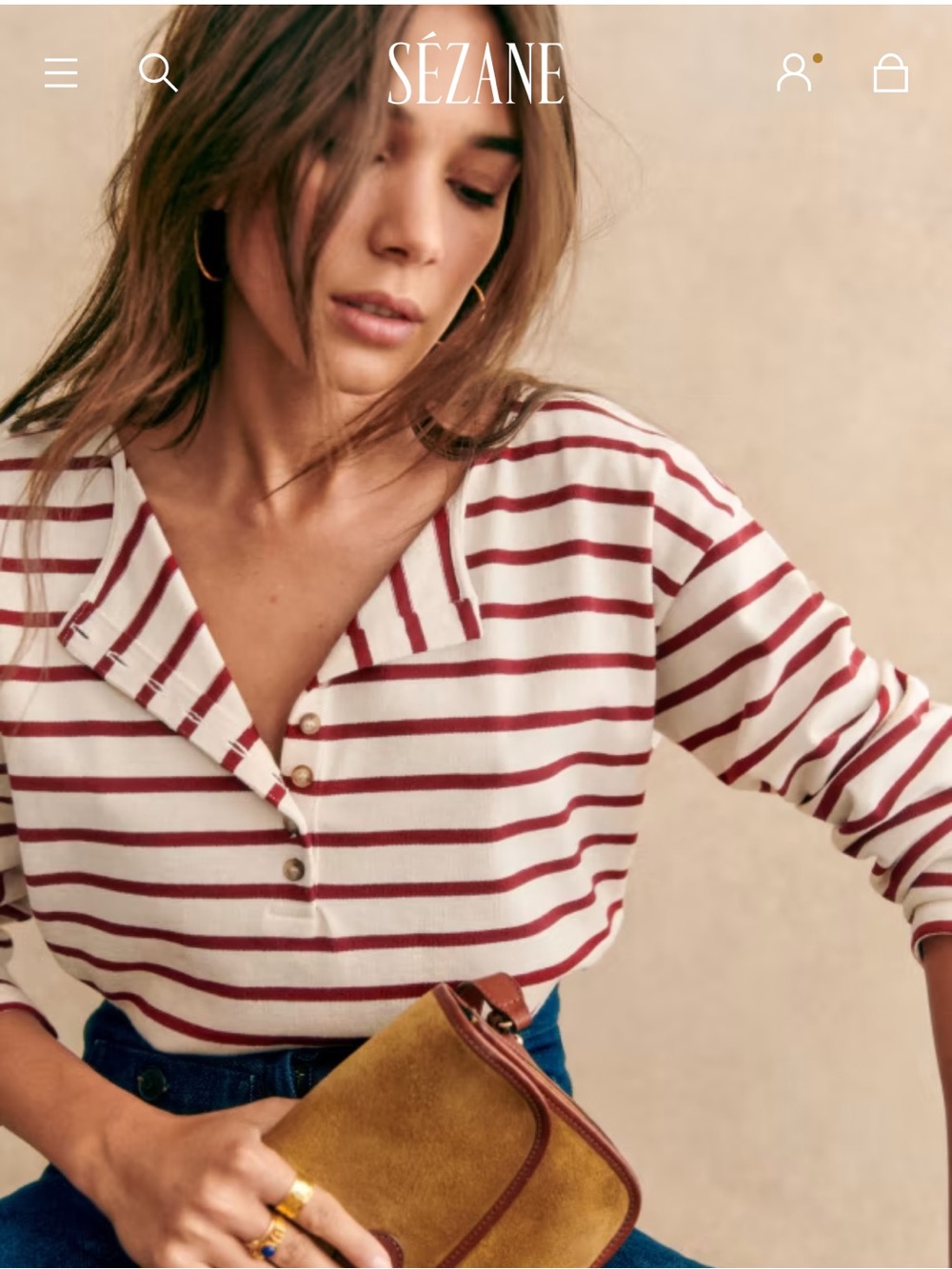 Sezane Gatsby Mariniere Striped Henley Long Sleeve Top in Burgundy Stripe Small